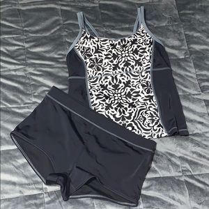 black and white tankini with shorts